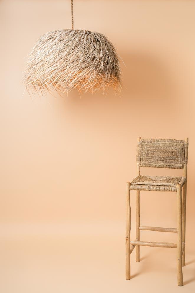 Palm fiber pendant lamp with wood chair