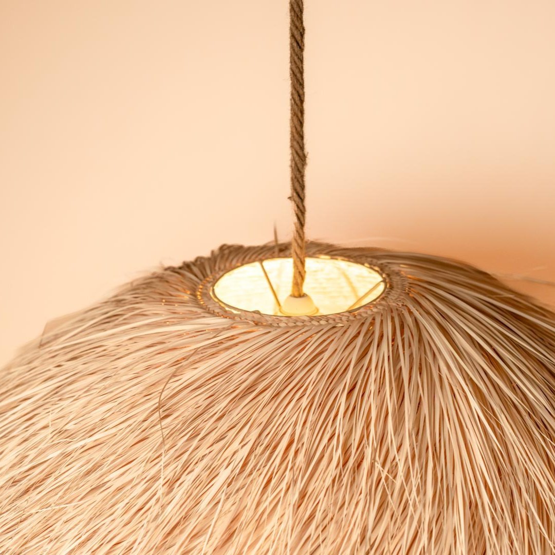 Handcrafted palm fiber pendant lamp details